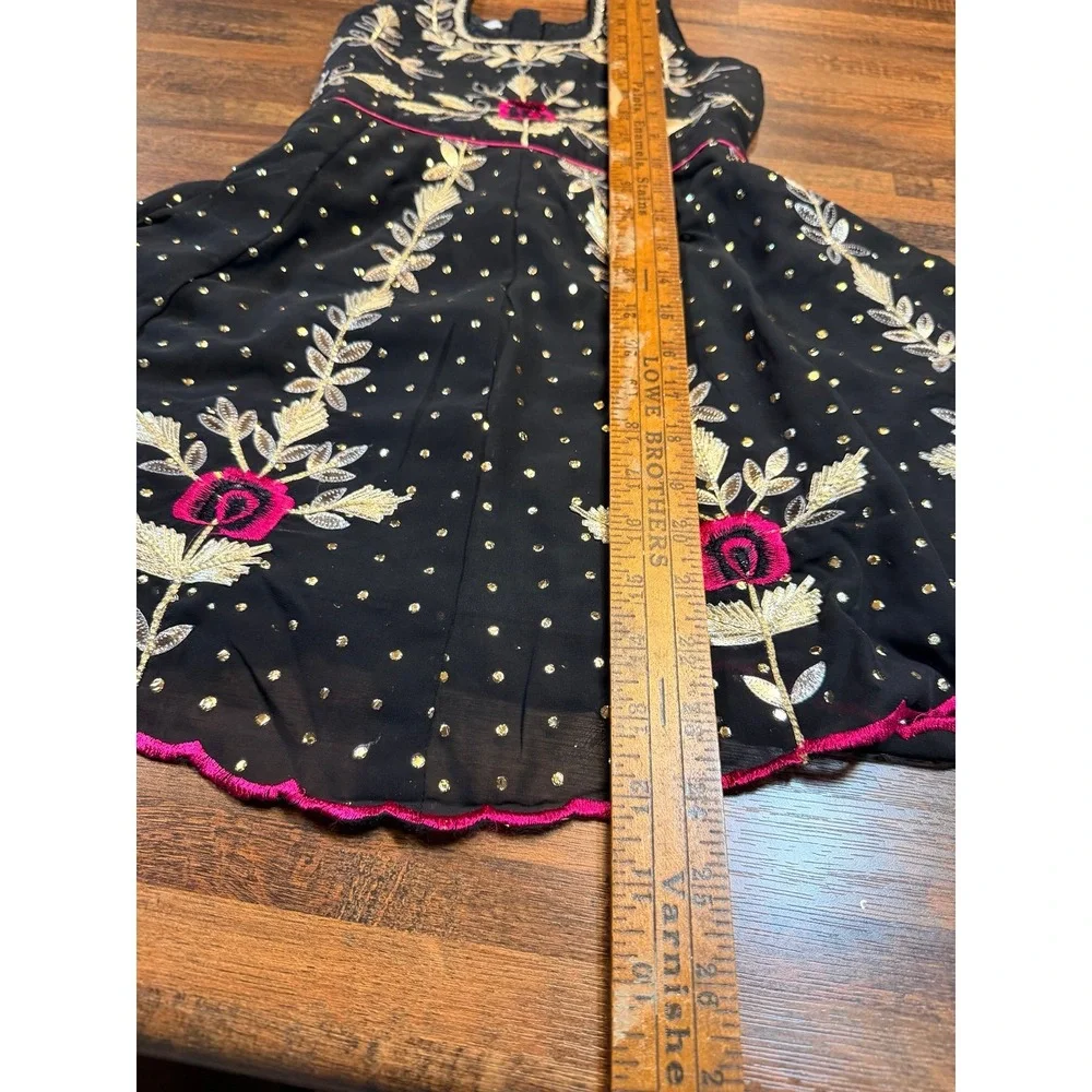 Girls black party dress, gold foil leaf/ flower design.  Size 3-4T.  Photo fun